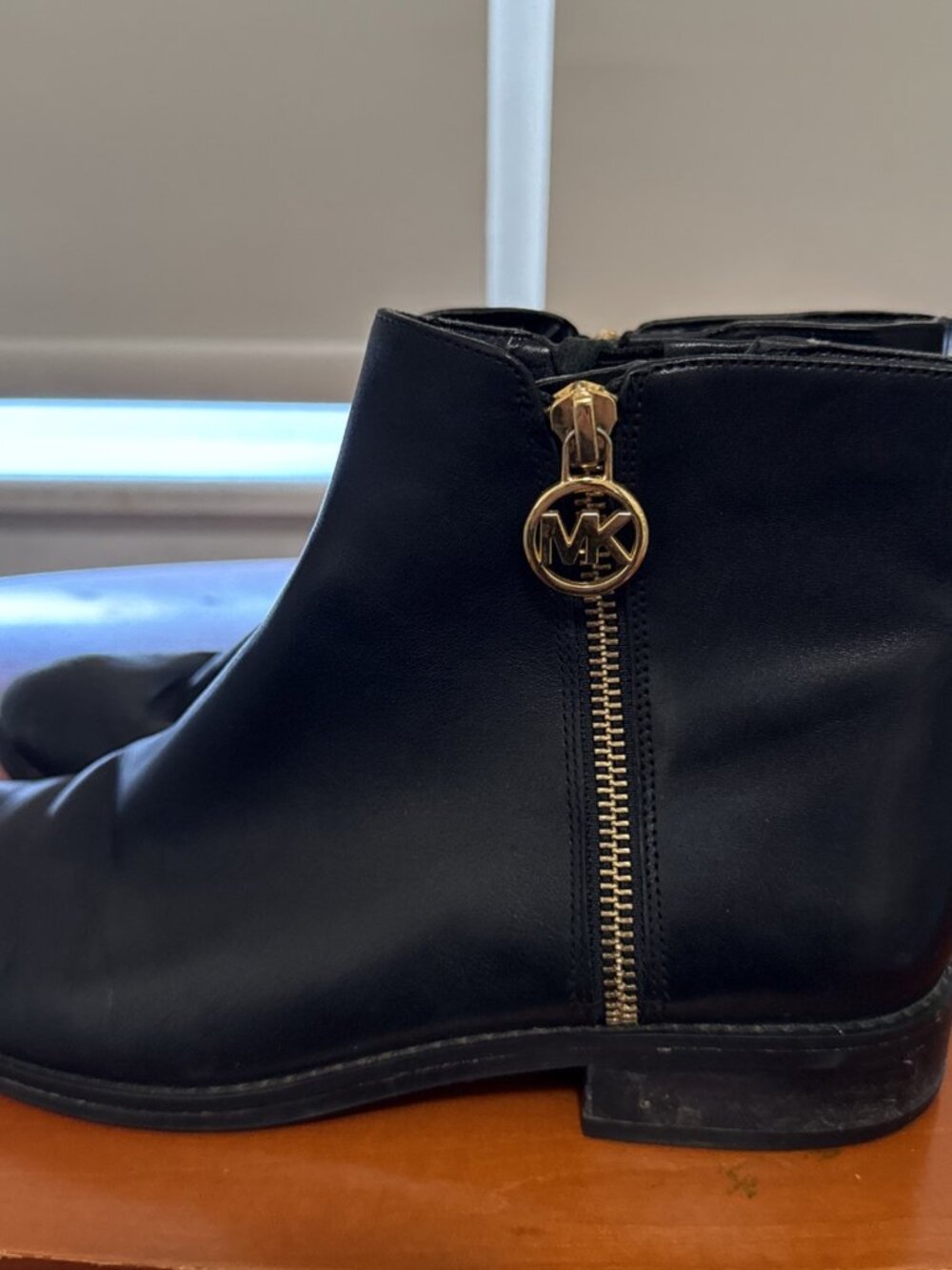 Michael Kors Lainey Leather Ankle Boot, Black, 7 M Gold Logo Zip Up Block Heel